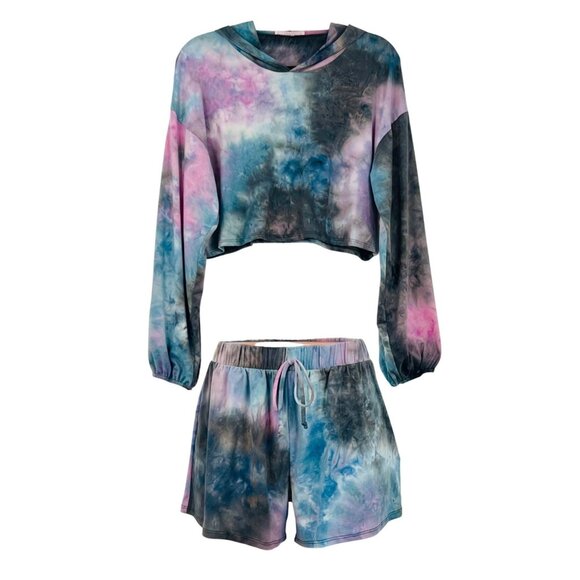 NWT Tie Dye Cropped Hoodie & Shorts 2 Piece Set | Athleisure Barbiecore Lounge L - Picture 3 of 16